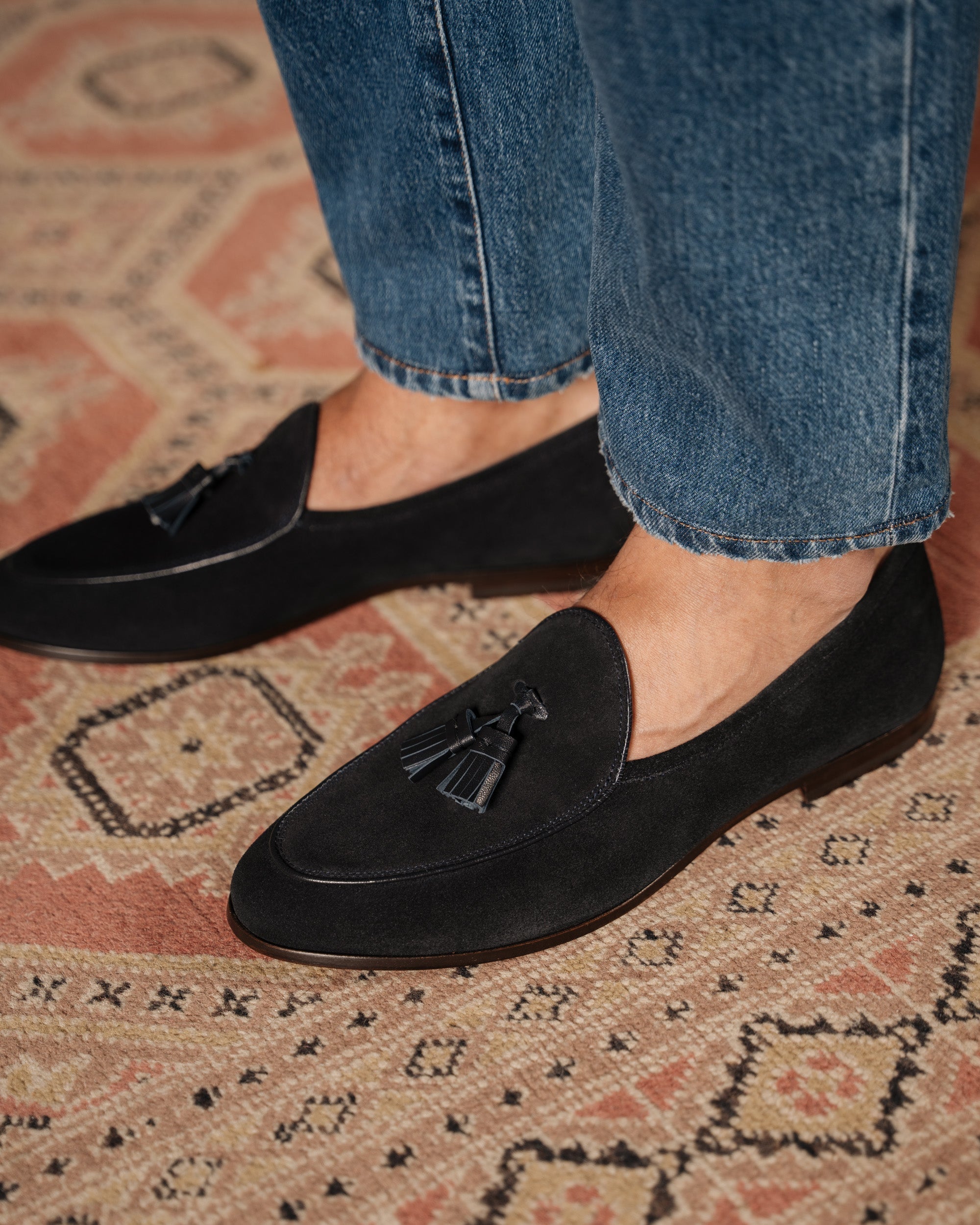 Bellagio Tassel Loafer – Black Suede Calf Leather with Premium Leather Sole