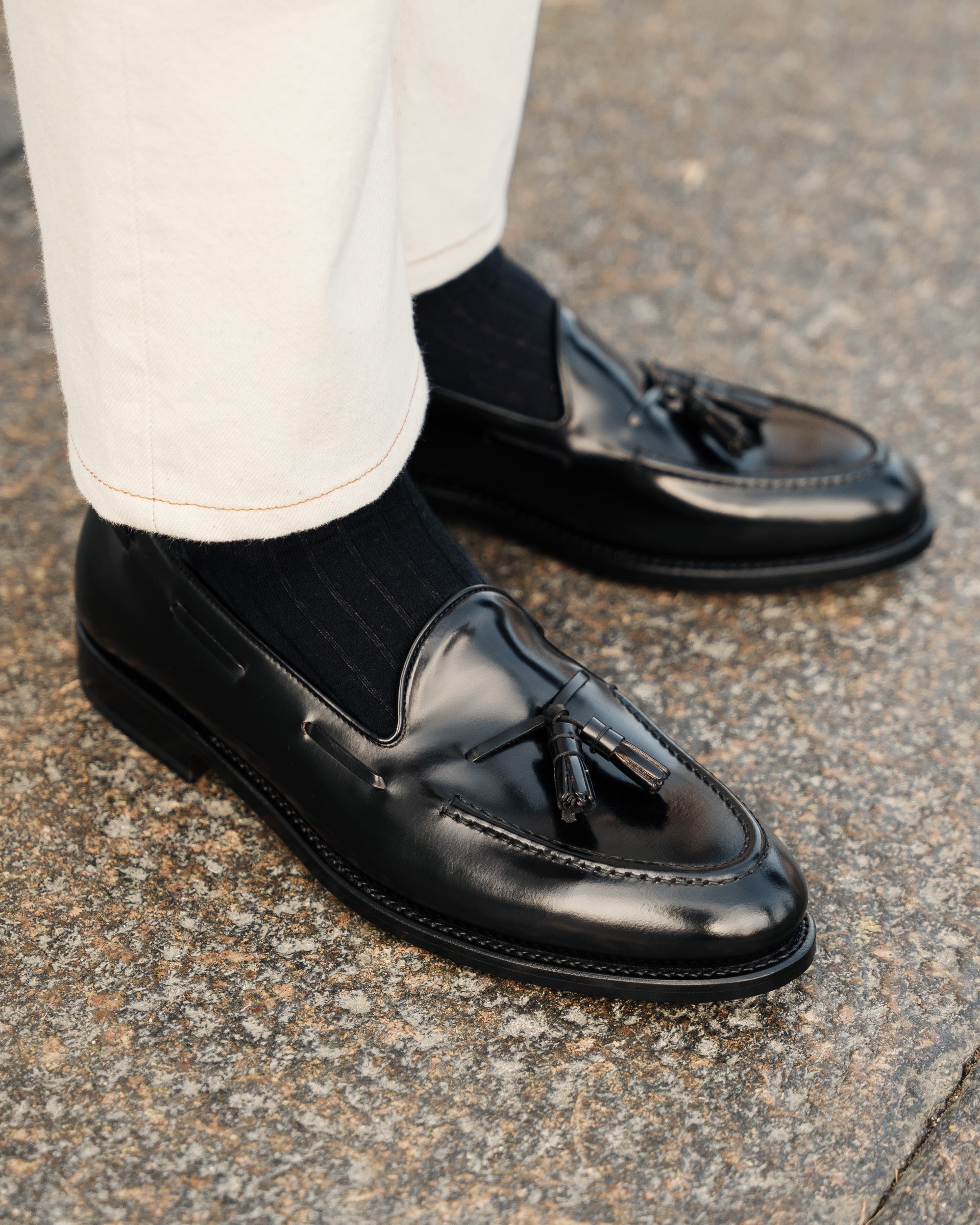 Castello | Tassel Loafer - Black Smooth Leather with Classic Stitching and Leather Sole