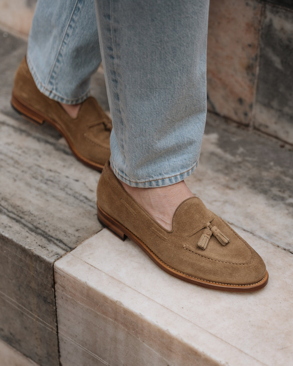 Castello | Tassel Loafer - Sand Beige Suede Leather with Classic Stitching and Leather Sole