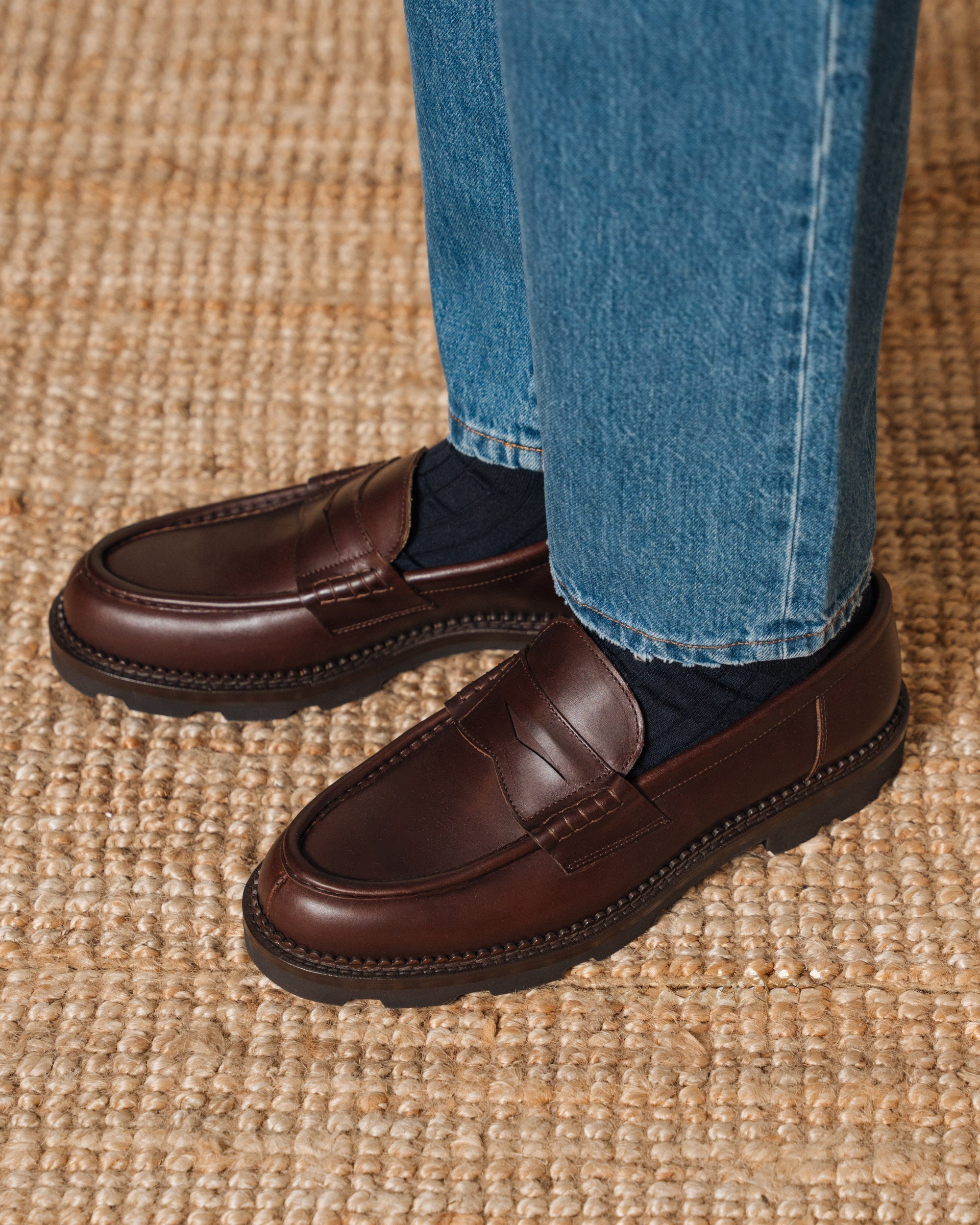 Montclair | Penny Loafer – Dark Brown Leather with Rubber Lug Sole & Fine Stitching