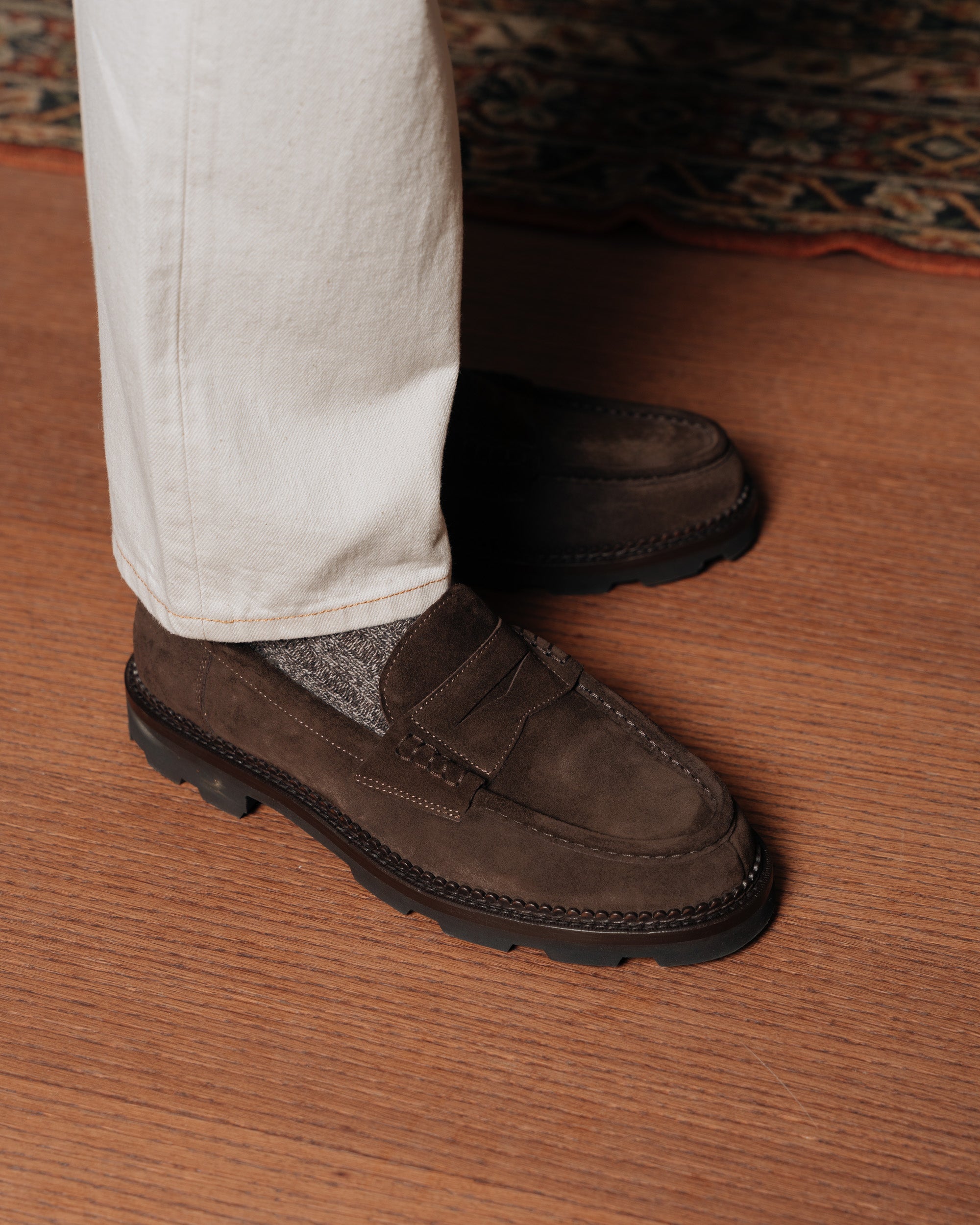 Montclair | Penny Loafer – Dark Brown Suede Leather with Rubber Lug Sole & Fine Stitching