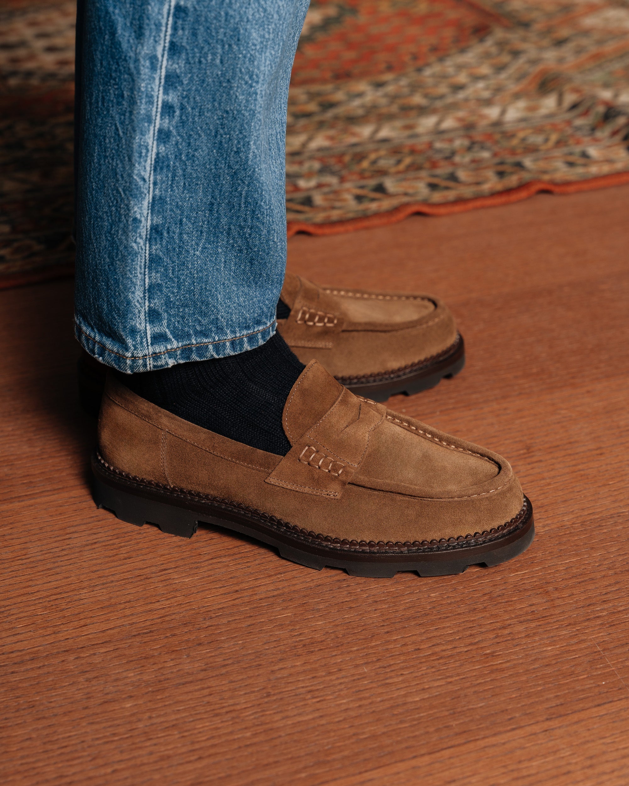 Montclair | Penny Loafer – Rich Tobacco Brown Suede Leather with Rubber Lug Sole & Fine Stitching