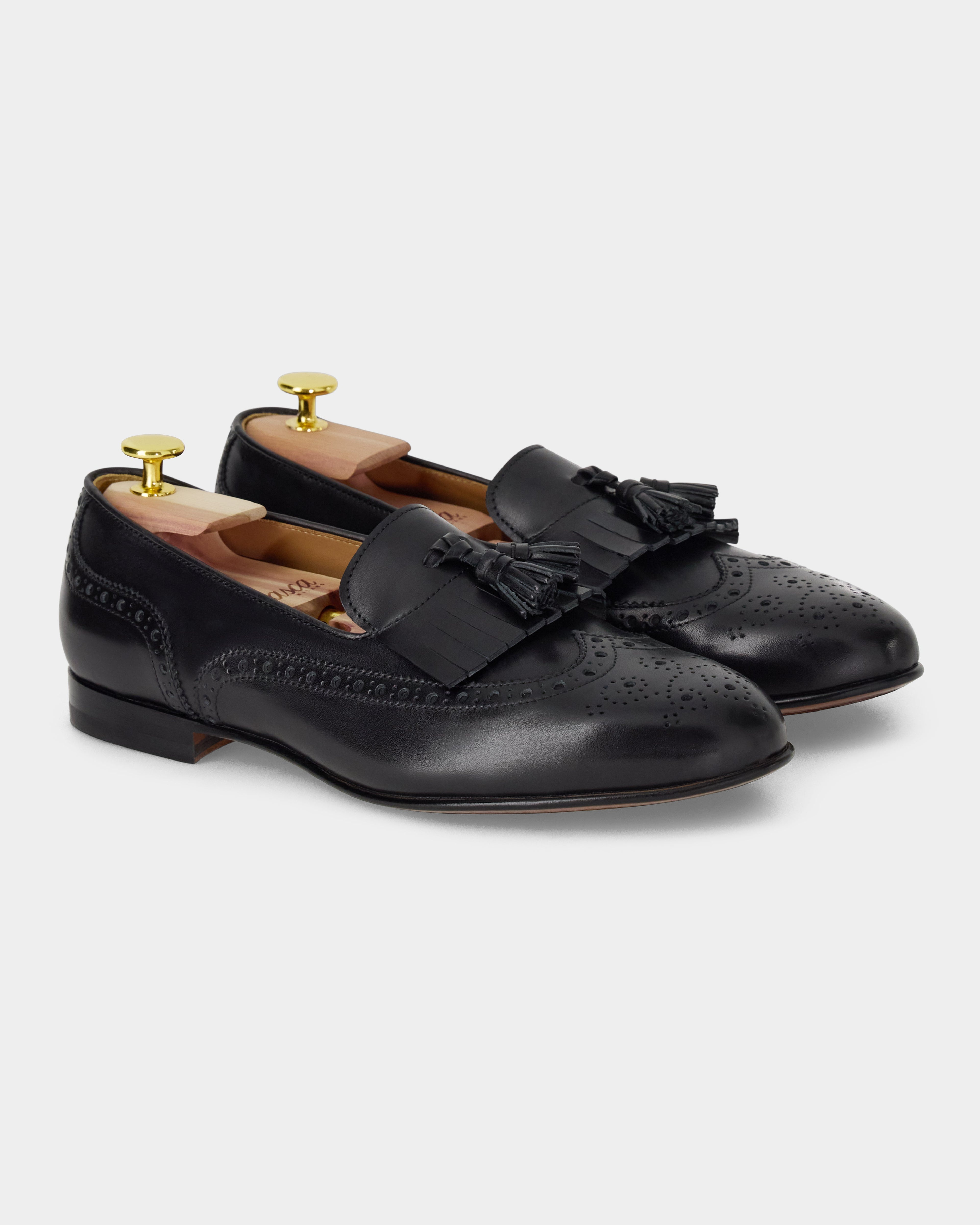 Maruse | Black Antiqued Leather Finish Belgian Tassel Loafer with Leather Sole