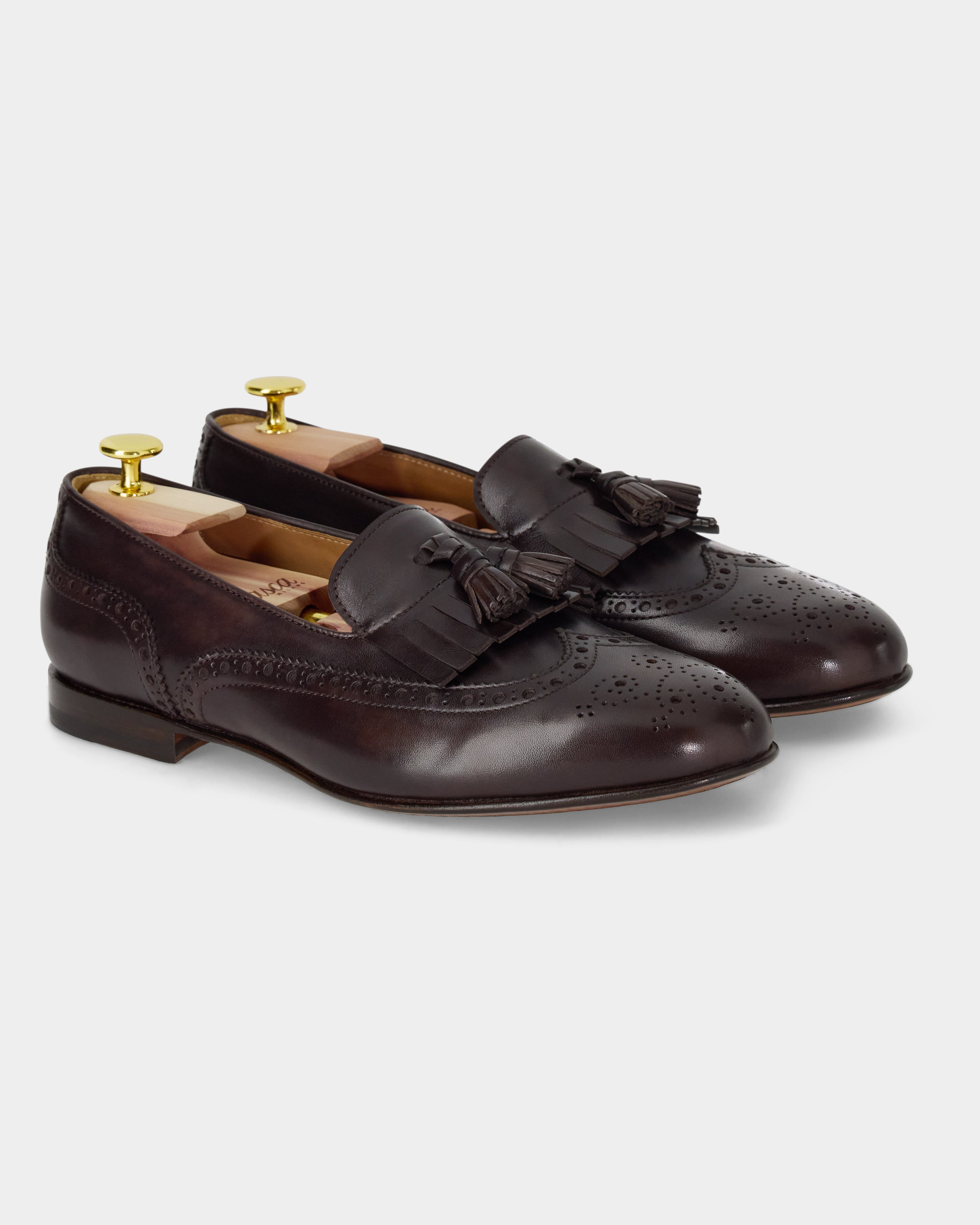 Maruse | Dark Brown Antiqued Leather Finish Belgian Tassel Loafer with Leather Sole