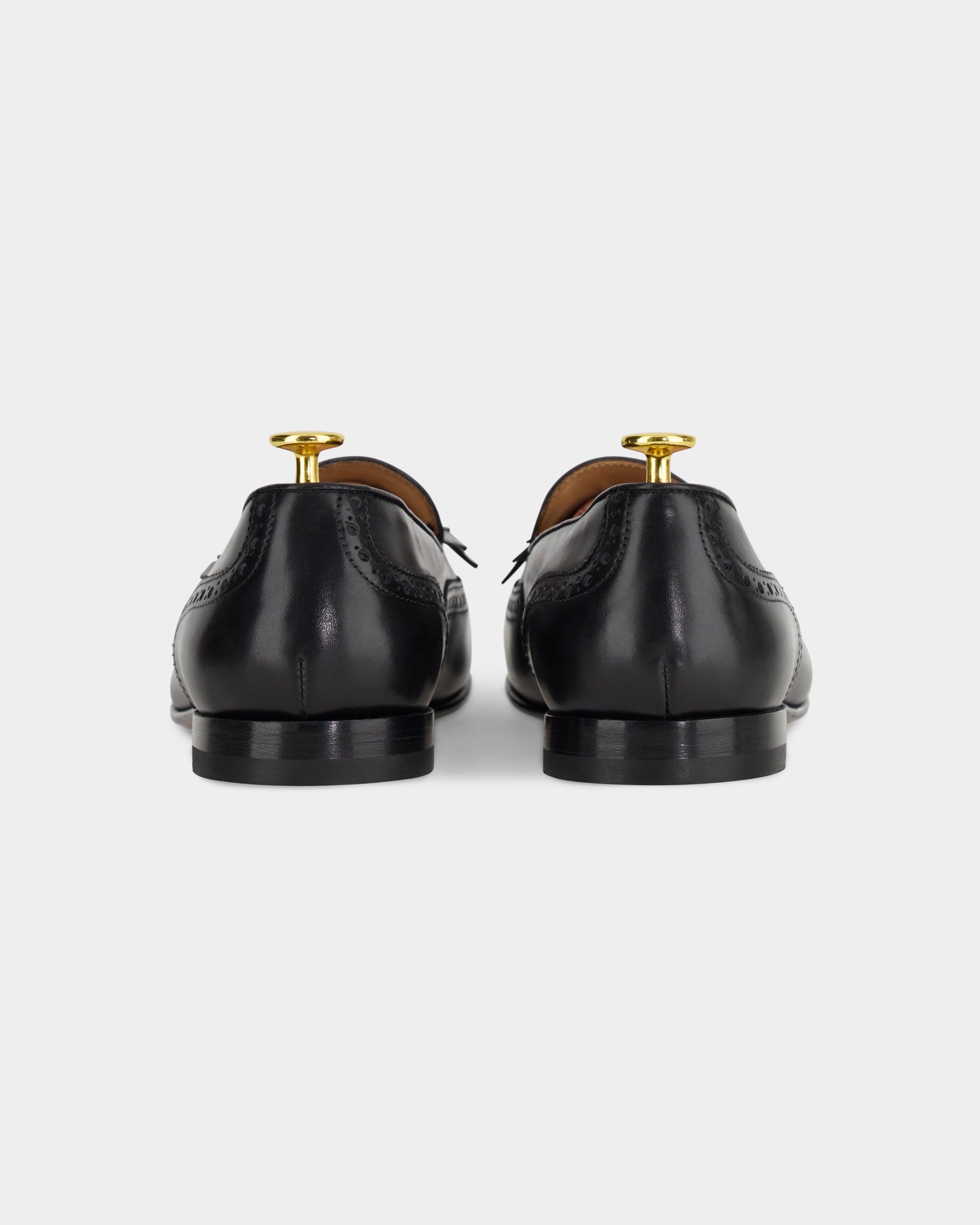 Maruse | Black Antiqued Leather Finish Belgian Tassel Loafer with Leather Sole