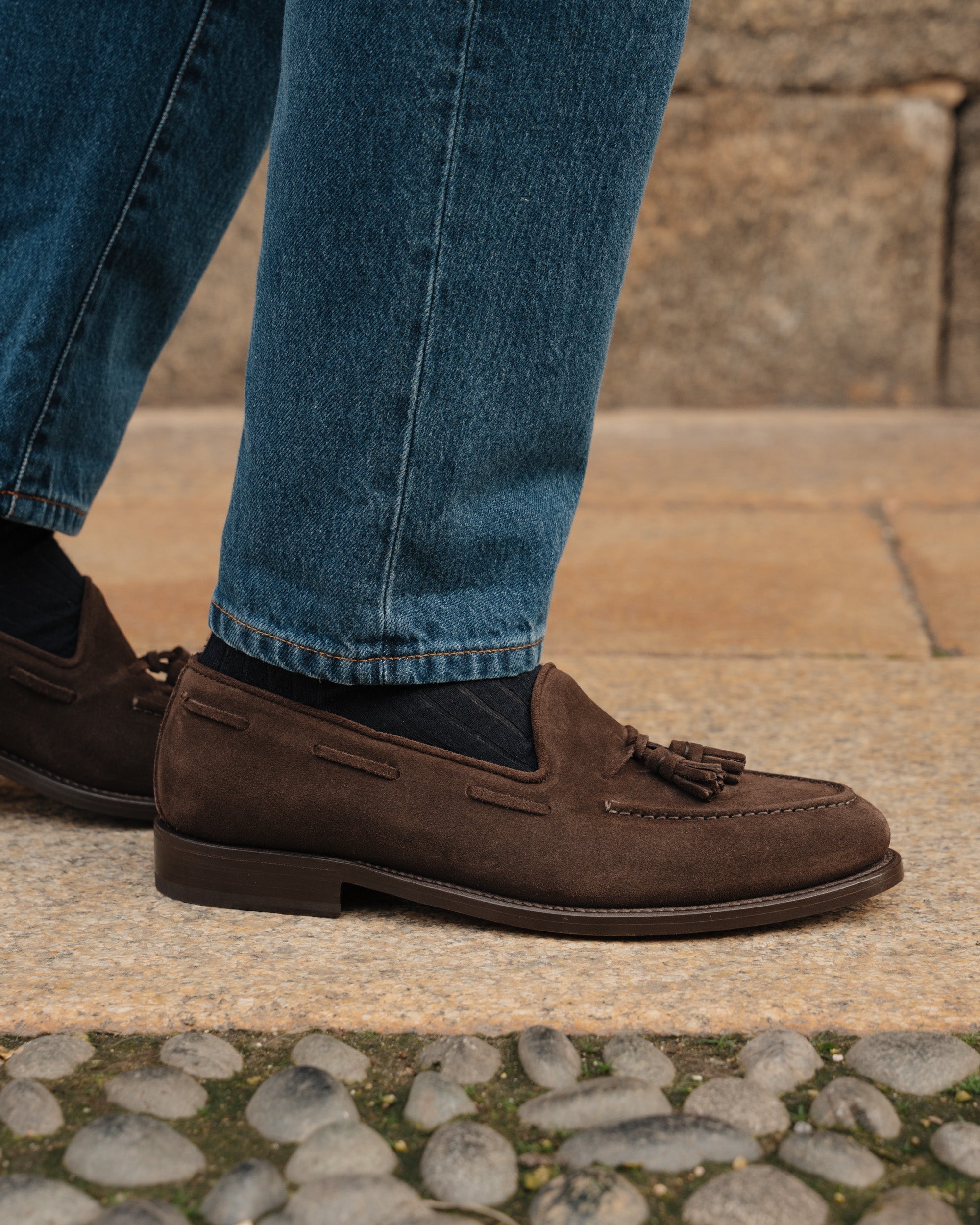 Castello | Tassel Loafer - Dark Brown Suede Leather with Classic Stitching and Leather Sole