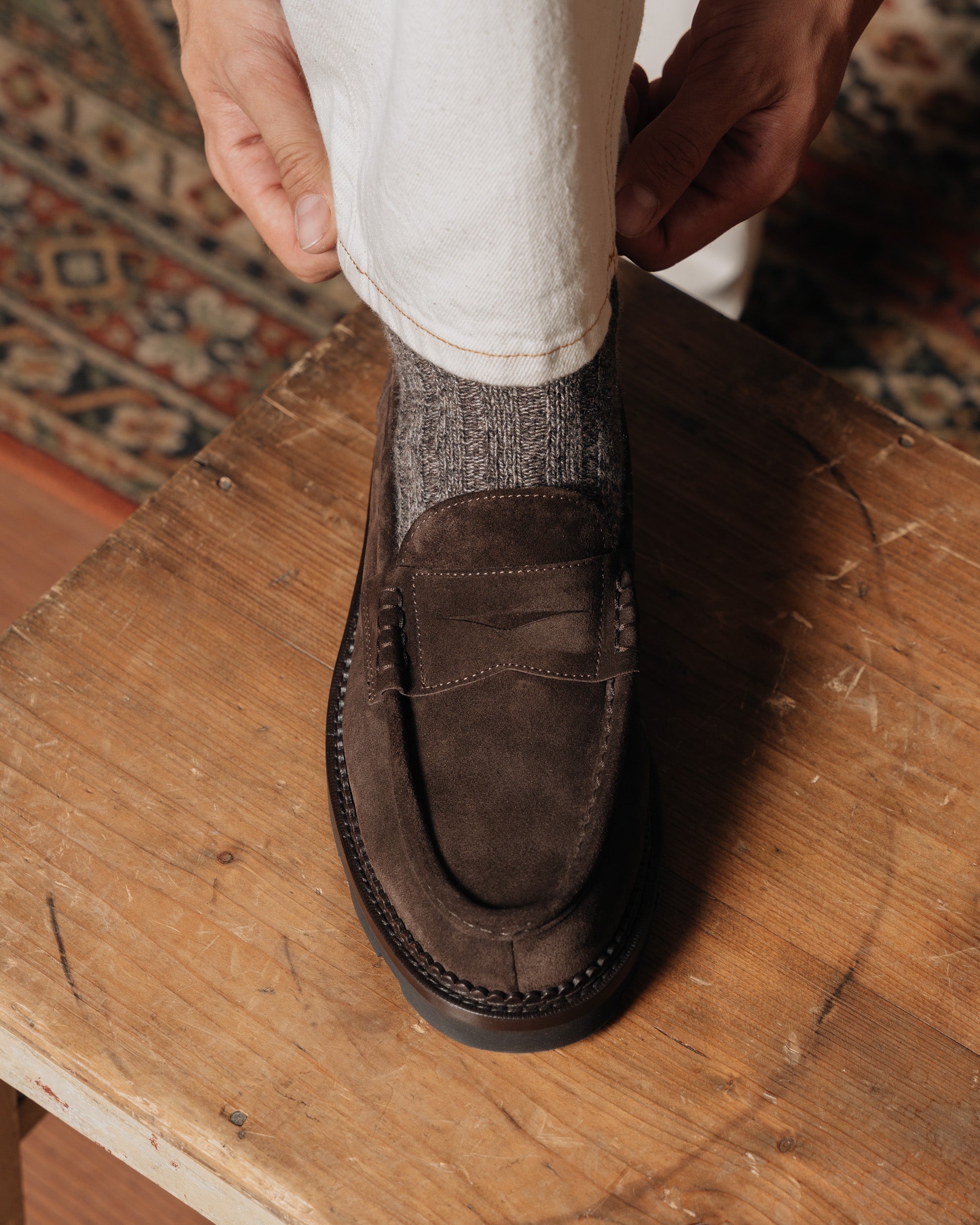 Montclair | Penny Loafer – Dark Brown Suede Leather with Rubber Lug Sole & Fine Stitching